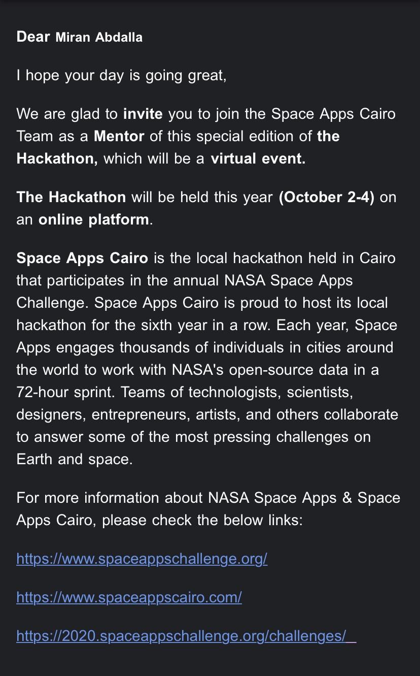 NASA Space Apps - Mentor Invitation 